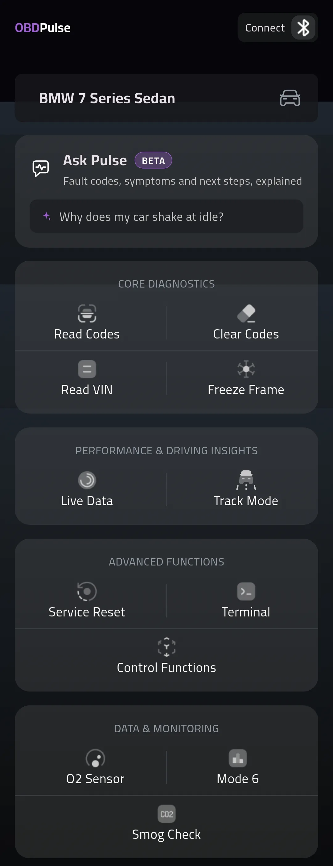 The OBDPulse Home screen: Ask Pulse, Read Codes, Clear Codes, Read VIN, Freeze Frame, Live Data, Track Mode, Service Reset, Terminal, Control Functions, O2 Sensor, Mode 6 and Smog Check