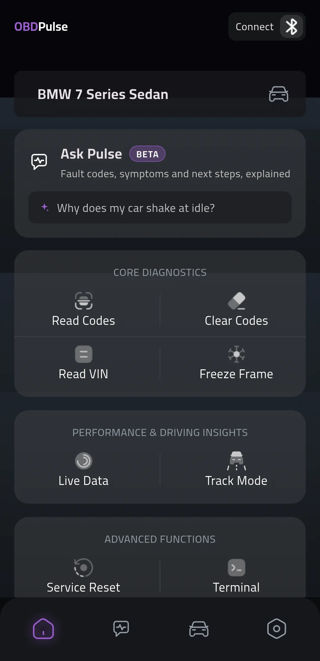 The OBDPulse Home screen